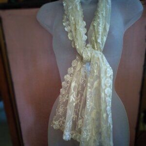 Over Sized Ivory Lace Scarf with Scalloped Floral Edging